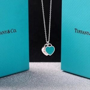 Tiffany & Co. Sterling Silver Double Heart Necklace with Blue Enamel